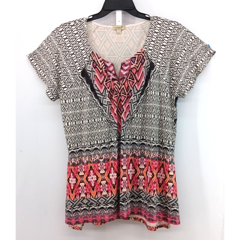 One World Blouse Women Size 1X Multicolor Short Sleeve Split V Neck Casual Top